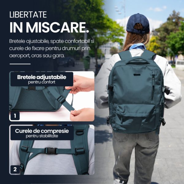 Rucsac bagaj de mana avion Quasar & Co.®, extensibil 43x30x20-28 cm, rucsac calatorie/voiaj multifunctional, impermeabil, compartiment pantofi, compartiment laptop, sistem agatare pe troler, pretabil drumetii/scoala, cu USB, textil, ATLAS, verde inchis - imagine 11