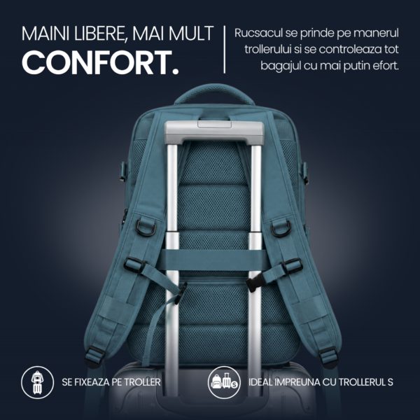 Rucsac bagaj de mana avion Quasar & Co.®, extensibil 43x30x20-28 cm, rucsac calatorie/voiaj multifunctional, impermeabil, compartiment pantofi, compartiment laptop, sistem agatare pe troler, pretabil drumetii/scoala, cu USB, textil, ATLAS, verde inchis - imagine 12