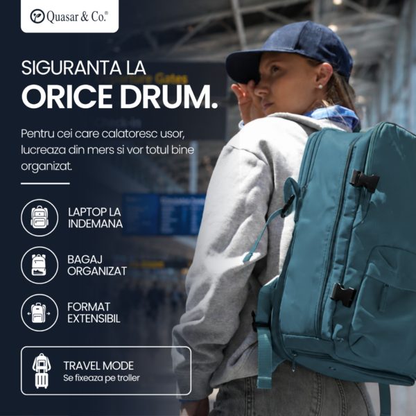 Rucsac bagaj de mana avion Quasar & Co.®, extensibil 43x30x20-28 cm, rucsac calatorie/voiaj multifunctional, impermeabil, compartiment pantofi, compartiment laptop, sistem agatare pe troler, pretabil drumetii/scoala, cu USB, textil, ATLAS, verde inchis - imagine 13