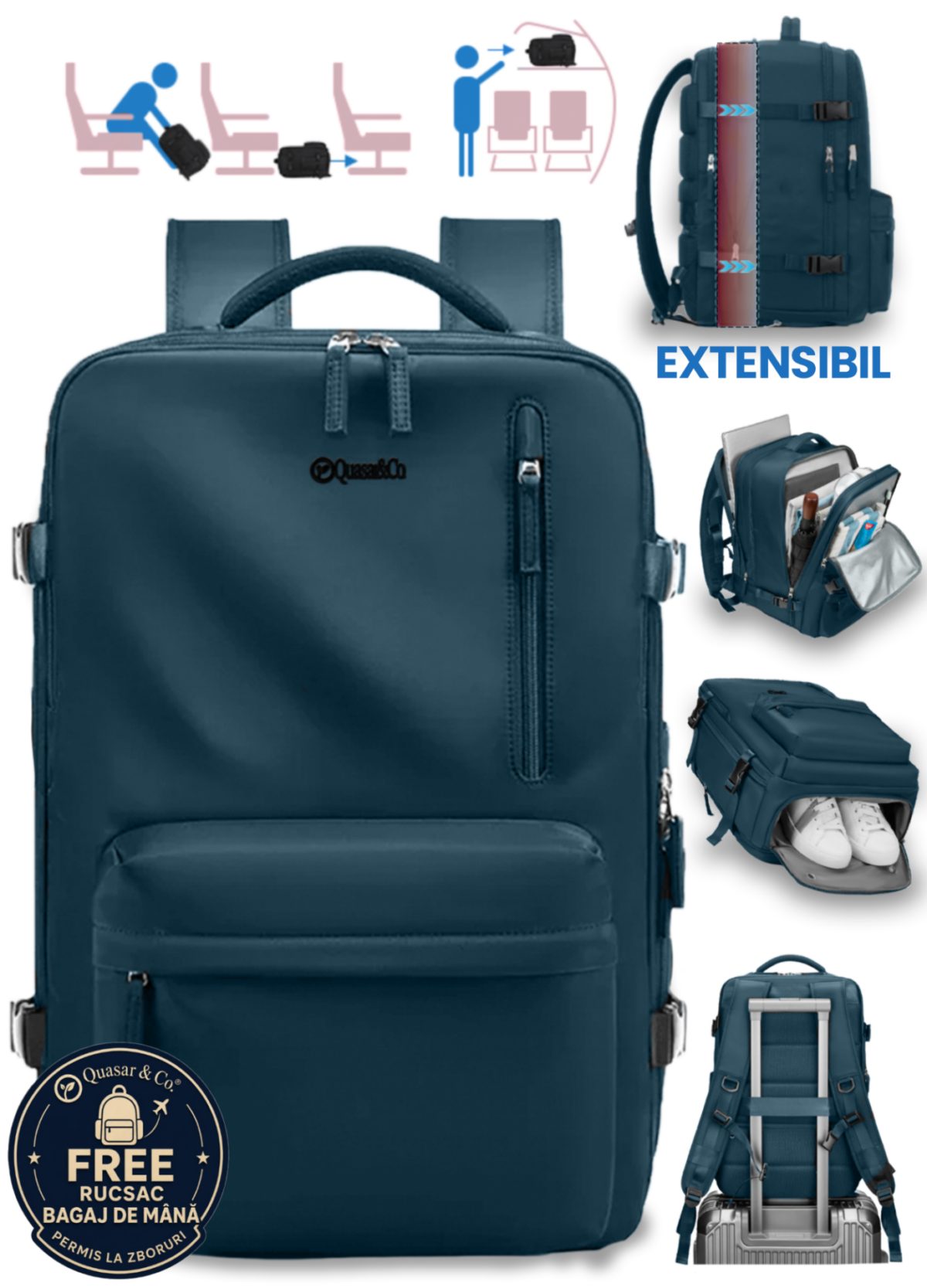 3 Rucsac bagaj de mana avion Quasar & Co.®, extensibil 43x30x20-28 cm, rucsac calatorie/voiaj multifunctional, impermeabil, compartiment pantofi, compartiment laptop, sistem agatare pe troler, pretabil drumetii/scoala, cu USB, textil, ATLAS, verde inchis