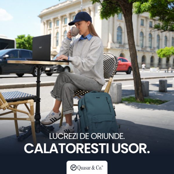 Rucsac bagaj de mana avion Quasar & Co.®, extensibil 43x30x20-28 cm, rucsac calatorie/voiaj multifunctional, impermeabil, compartiment pantofi, compartiment laptop, sistem agatare pe troler, pretabil drumetii/scoala, cu USB, textil, ATLAS, verde inchis - imagine 9
