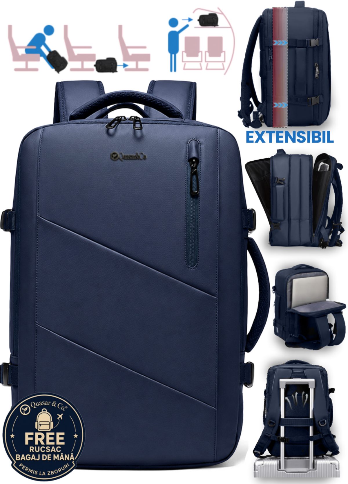 Rucsac Quasar & Co.®, bagaj de mana avion, multifunctional, extensibil, impermeabil, compartiment laptop, sistem agatare pe troler, rucsac calatorie/voiaj pretabil drumetii/scoala, piele ecologica, VEGA, bleumarin
