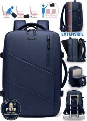 Rucsac Quasar & Co.®, bagaj de mana avion, multifunctional, extensibil, impermeabil, compartiment laptop, sistem agatare pe troler, rucsac calatorie/voiaj pretabil drumetii/scoala, piele ecologica, VEGA, bleumarin 9