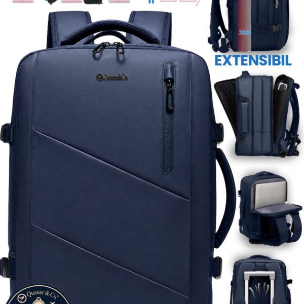 Rucsac Quasar & Co.®, bagaj de mana avion, multifunctional, extensibil, impermeabil, compartiment laptop, sistem agatare pe troler, rucsac calatorie/voiaj pretabil drumetii/scoala, piele ecologica, VEGA, bleumarin