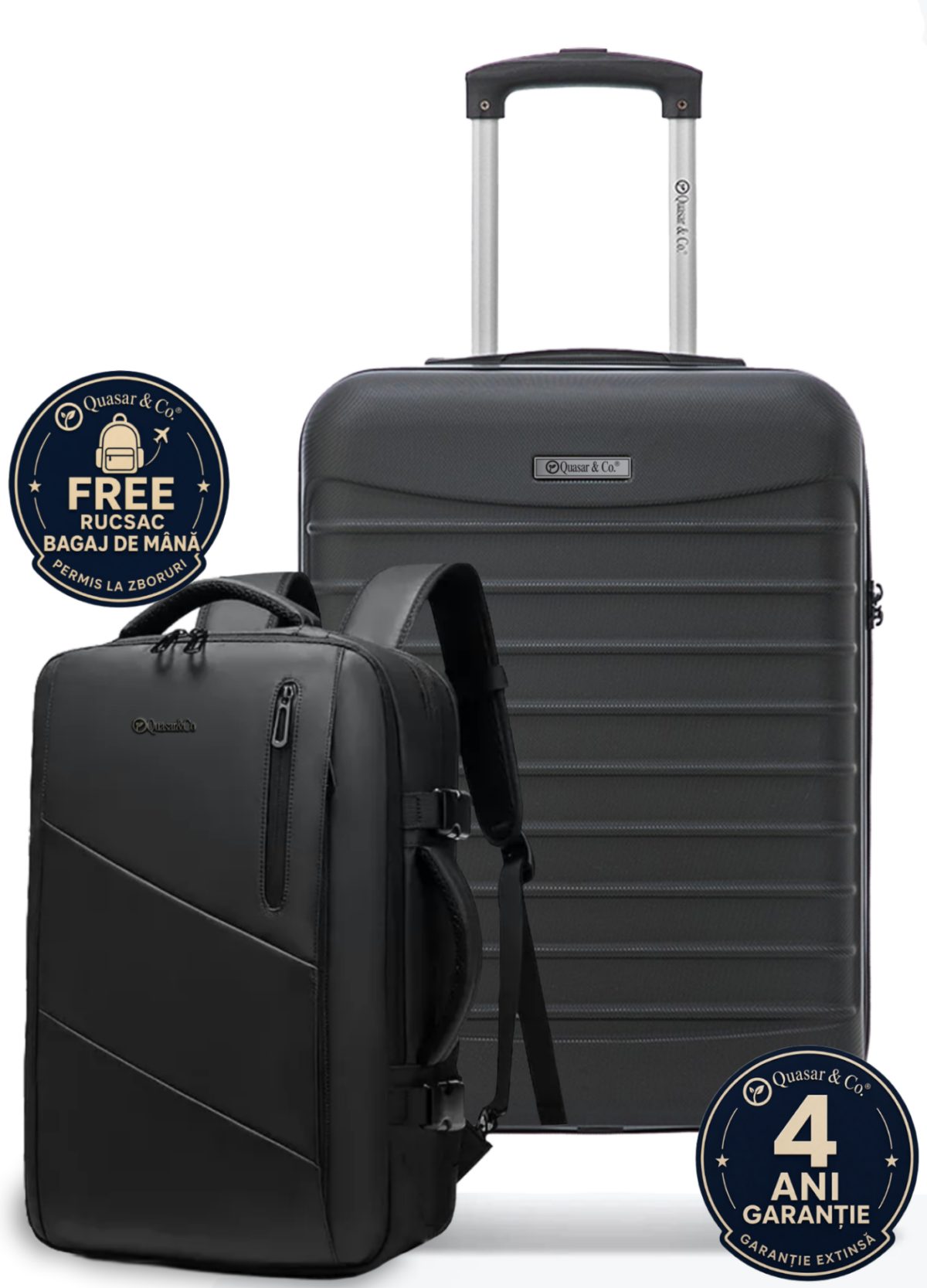 1 Set troler cabina si rucsac Quasar & Co.®, 55x38x21cm/44x30x15-25 cm, bagaj de mana, troller cu rucsac calatorie avion, Priority Pack, Vega-Line, ABS/pes, negru