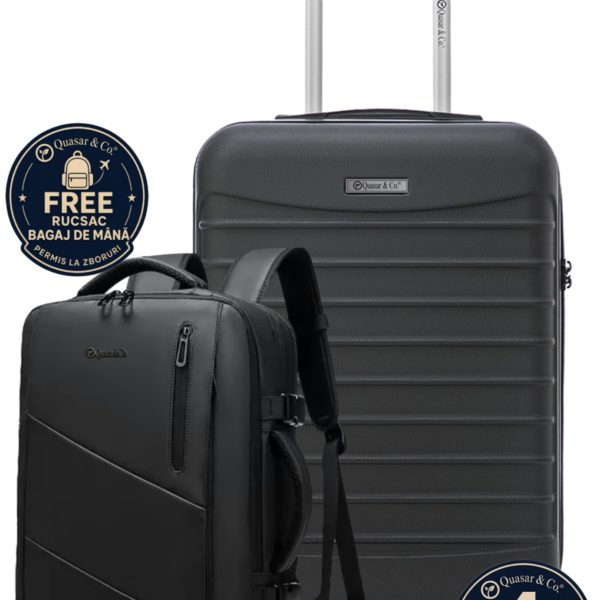 Set troler cabina si rucsac Quasar & Co.®, 55x38x21cm/44x30x15-25 cm, bagaj de mana, troller cu rucsac calatorie avion, Priority Pack, Vega-Line, ABS/pes, negru - imagine 1