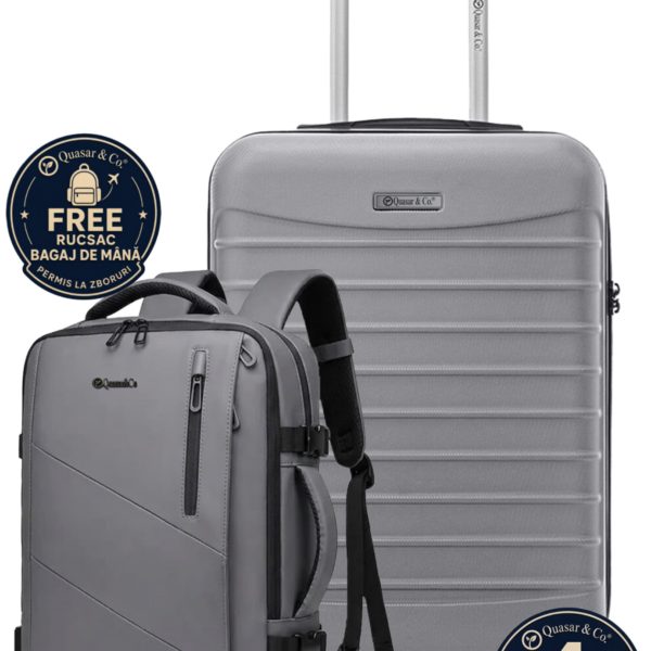 Set troler cabina si rucsac Quasar & Co.®, 55x38x21cm/44x30x15-25 cm, bagaj de mana, troller cu rucsac calatorie avion, Priority Pack, Vega-Line, ABS/pes, gri - imagine 1