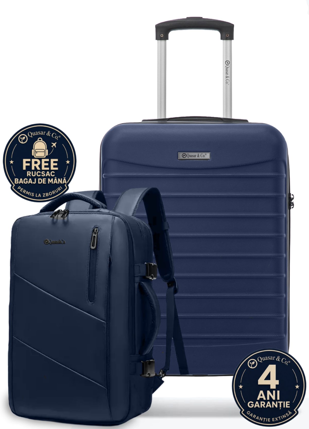 Set troler cabina si rucsac Quasar & Co.®, 55x38x21cm/44x30x15-25 cm, bagaj de mana, troller cu rucsac calatorie avion, Priority Pack, Vega-Line, ABS/pes, bleumarin
