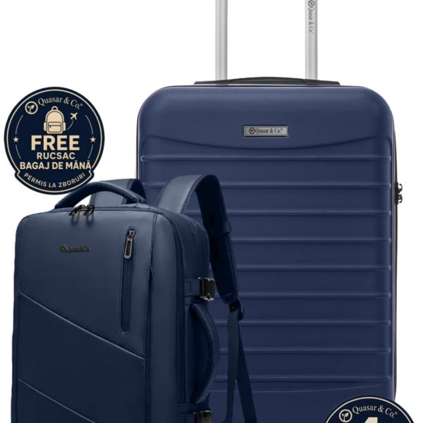 Set troler cabina si rucsac Quasar & Co.®, 55x38x21cm/44x30x15-25 cm, bagaj de mana, troller cu rucsac calatorie avion, Priority Pack, Vega-Line, ABS/pes, bleumarin - imagine 1