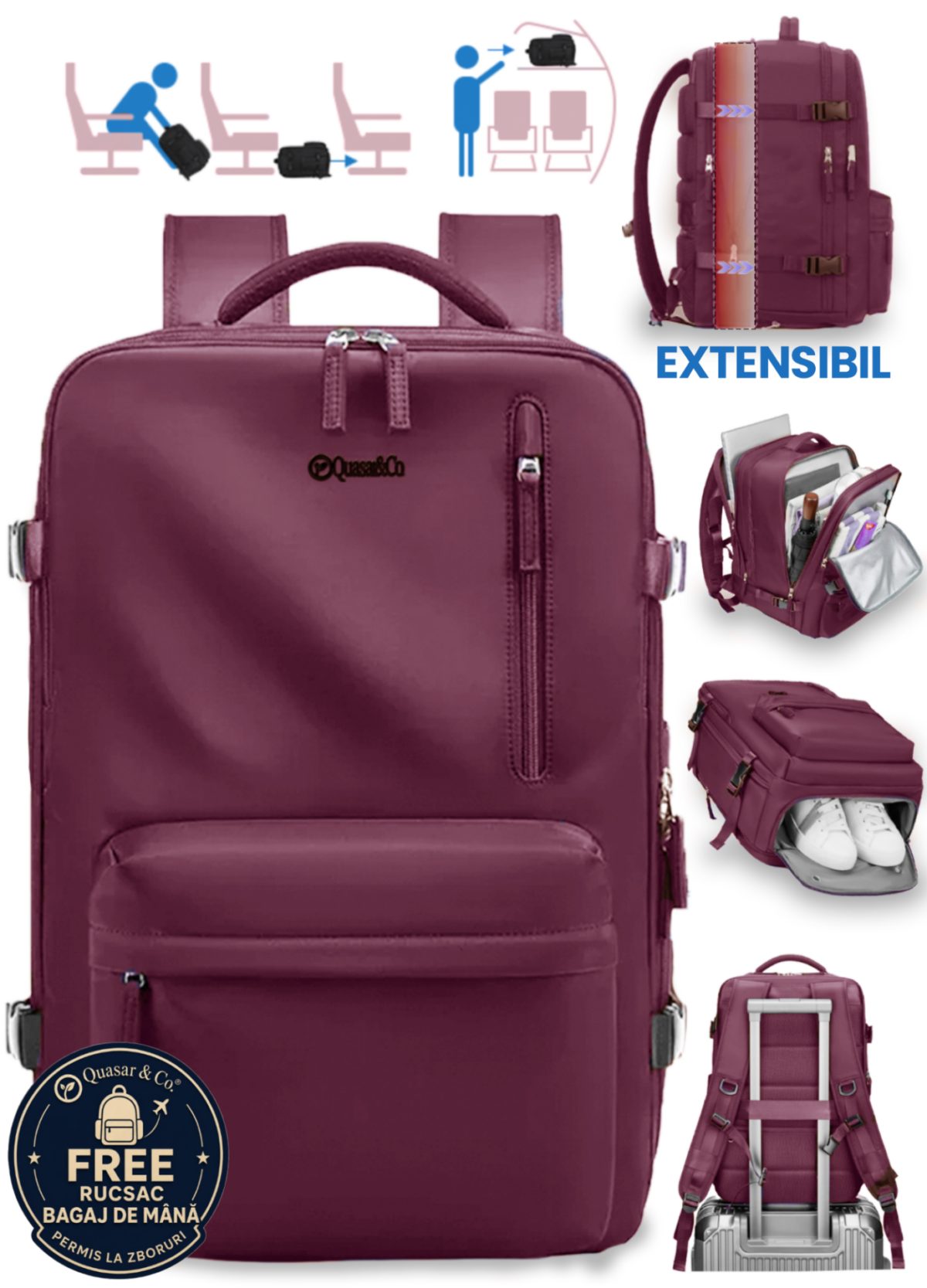 Rucsac bagaj de mana avion Quasar & Co.®, extensibil 43x30x20-28 cm, rucsac calatorie/voiaj multifunctional, impermeabil, compartiment pantofi, compartiment laptop, sistem agatare pe troler, pretabil drumetii/scoala, cu USB, textil, ATLAS, visiniu
