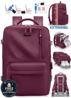 Rucsac bagaj de mana avion Quasar & Co.®, extensibil 43x30x20-28 cm, rucsac calatorie/voiaj multifunctional, impermeabil, compartiment pantofi, compartiment laptop, sistem agatare pe troler, pretabil drumetii/scoala, cu USB, textil, ATLAS, visiniu 14