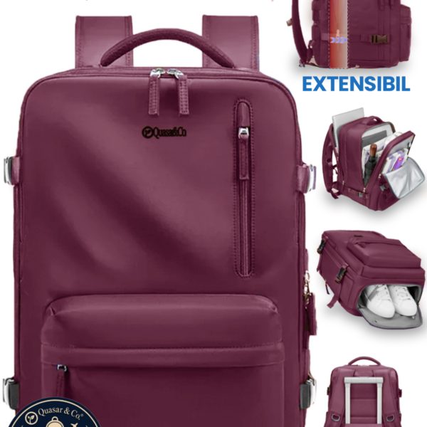 Rucsac bagaj de mana avion Quasar & Co.®, extensibil 43x30x20-28 cm, rucsac calatorie/voiaj multifunctional, impermeabil, compartiment pantofi, compartiment laptop, sistem agatare pe troler, pretabil drumetii/scoala, cu USB, textil, ATLAS, visiniu