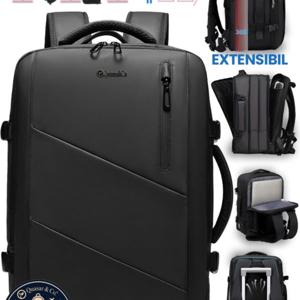 Rucsac Quasar & Co.®, bagaj de mana avion, multifunctional, extensibil, impermeabil, compartiment laptop, sistem agatare pe troler, rucsac calatorie/voiaj pretabil drumetii/scoala, piele ecologica, VEGA, negru