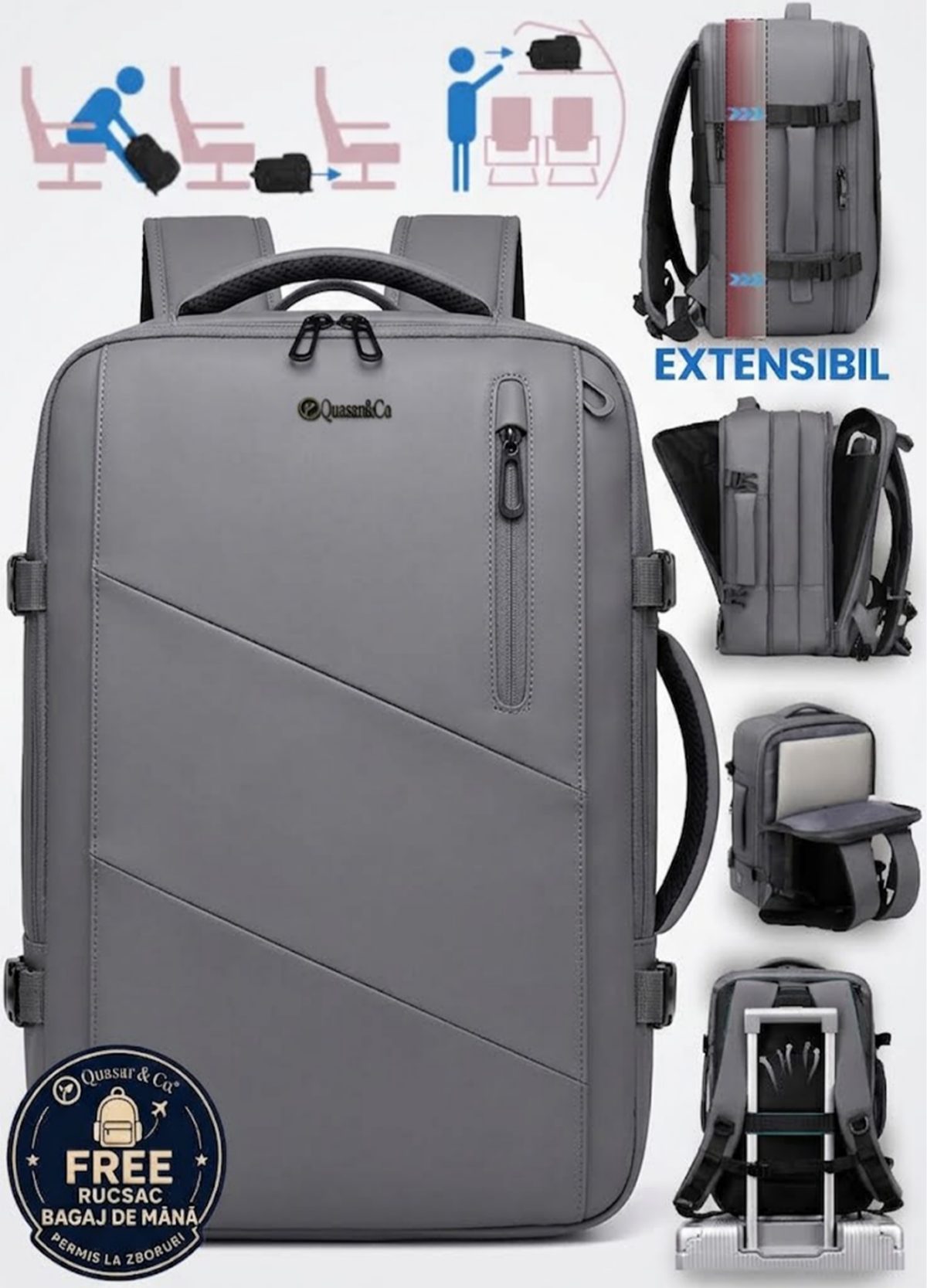 1 Rucsac Quasar & Co.®, bagaj de mana avion, multifunctional, extensibil, impermeabil, compartiment laptop, sistem agatare pe troler, rucsac calatorie/voiaj pretabil drumetii/scoala, piele ecologica, VEGA, gri