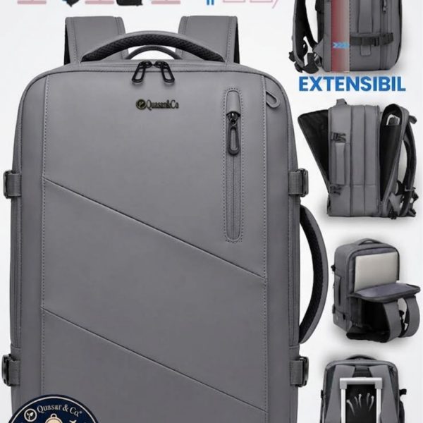 Rucsac Quasar & Co.®, bagaj de mana avion, multifunctional, extensibil, impermeabil, compartiment laptop, sistem agatare pe troler, rucsac calatorie/voiaj pretabil drumetii/scoala, piele ecologica, VEGA, gri