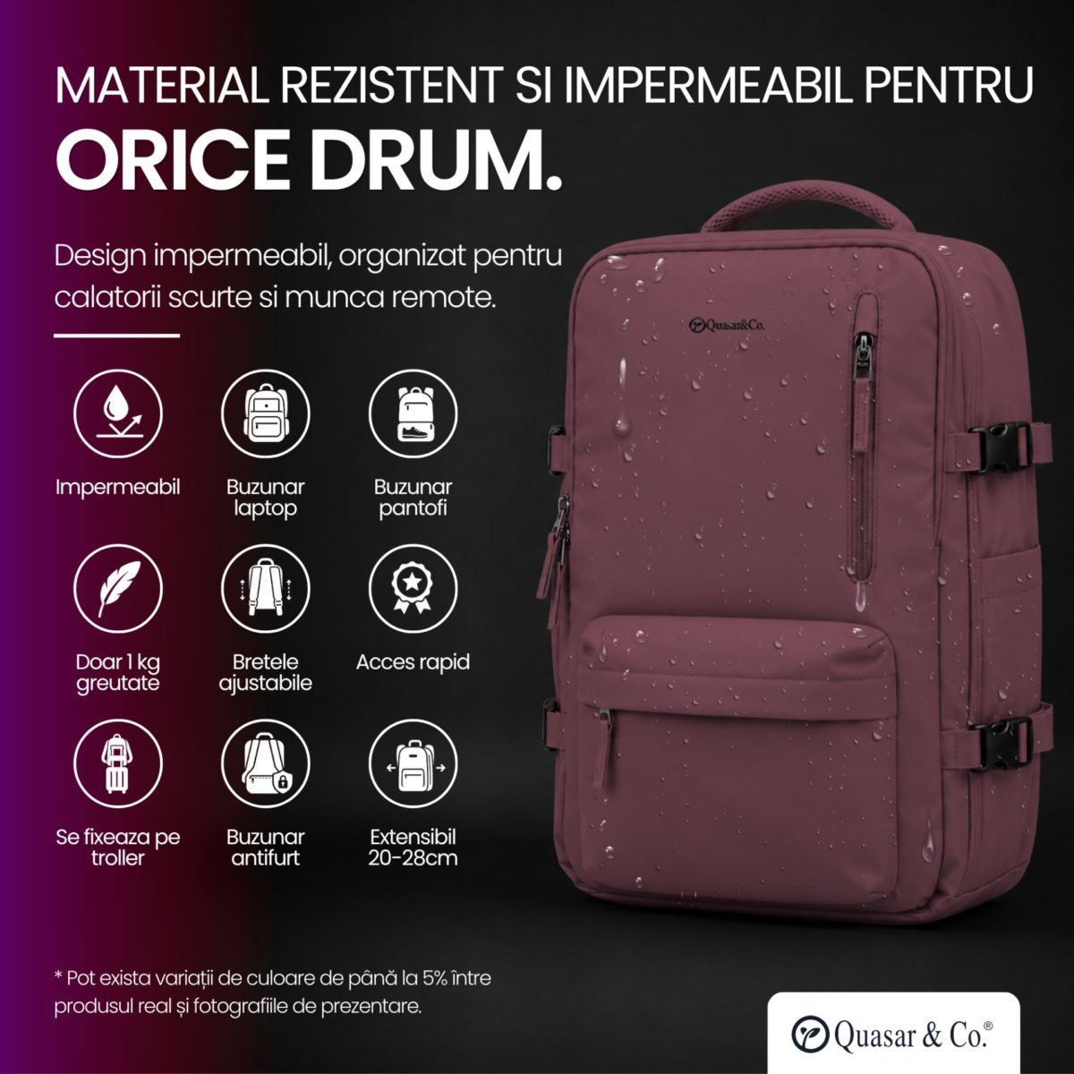 Rucsac bagaj de mana avion Quasar & Co.®, extensibil 43x30x20-28 cm, rucsac calatorie/voiaj multifunctional, impermeabil, compartiment pantofi, compartiment laptop, sistem agatare pe troler, pretabil drumetii/scoala, cu USB, textil, ATLAS, visiniu 10