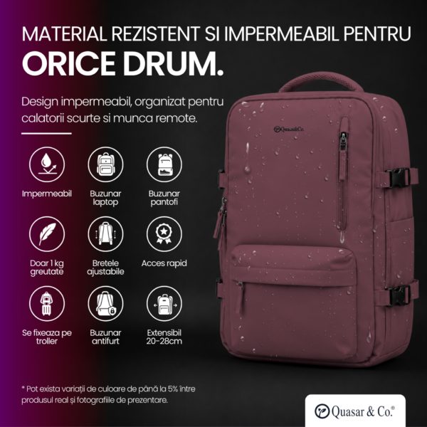 Rucsac bagaj de mana avion Quasar & Co.®, extensibil 43x30x20-28 cm, rucsac calatorie/voiaj multifunctional, impermeabil, compartiment pantofi, compartiment laptop, sistem agatare pe troler, pretabil drumetii/scoala, cu USB, textil, ATLAS, visiniu - imagine 10