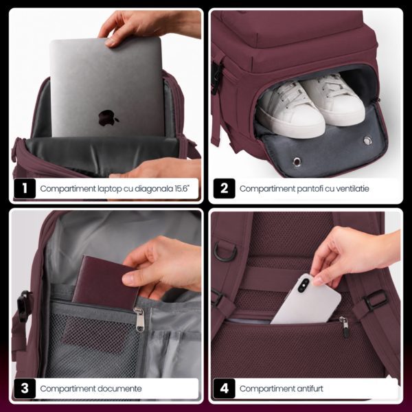 Set troler cabina si rucsac Quasar & Co.®, 55x38x21cm/43x30x20-28 cm, bagaj de mana, troller cu rucsac calatorie avion, Priority Pack-LINE, ABS/pes, visiniu - imagine 11