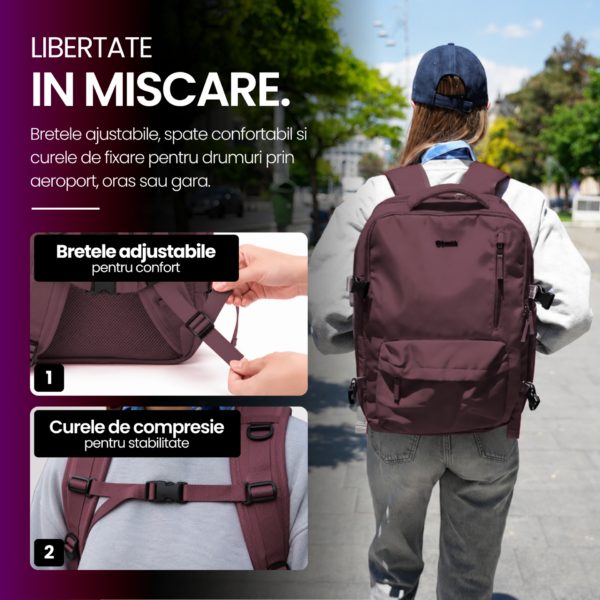 Rucsac bagaj de mana avion Quasar & Co.®, extensibil 43x30x20-28 cm, rucsac calatorie/voiaj multifunctional, impermeabil, compartiment pantofi, compartiment laptop, sistem agatare pe troler, pretabil drumetii/scoala, cu USB, textil, ATLAS, visiniu - imagine 11