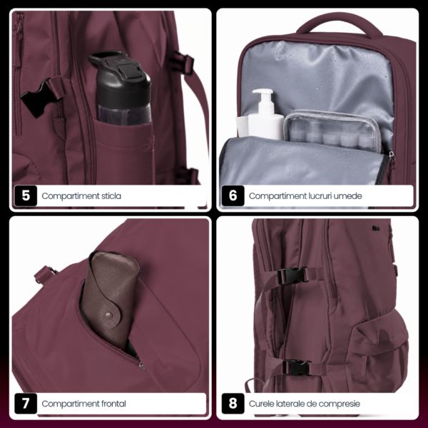 Set troler cabina si rucsac Quasar & Co.®, 55x38x21cm/43x30x20-28 cm, bagaj de mana, troller cu rucsac calatorie avion, Priority Pack-LINE, ABS/pes, visiniu - imagine 12