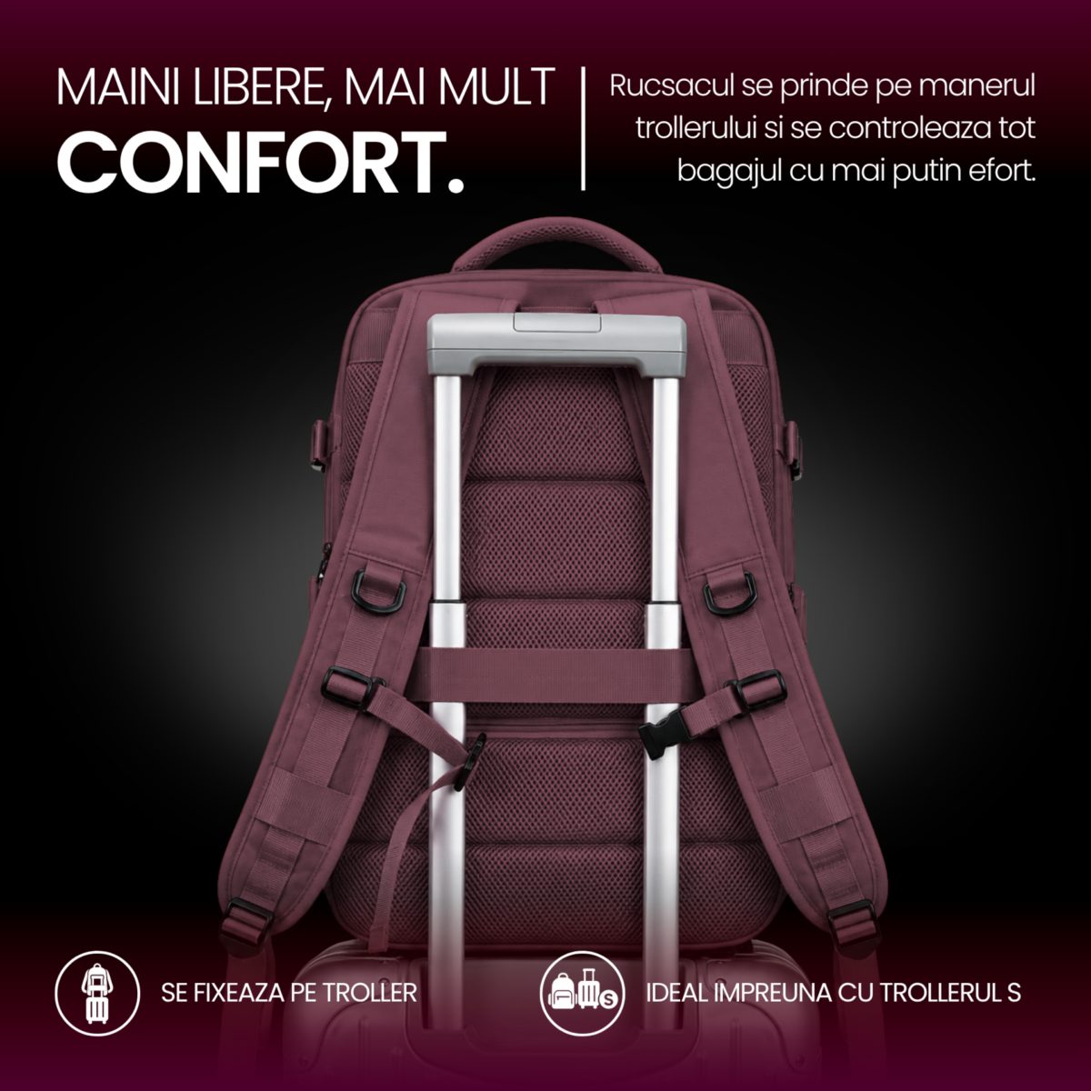 Rucsac bagaj de mana avion Quasar & Co.®, extensibil 43x30x20-28 cm, rucsac calatorie/voiaj multifunctional, impermeabil, compartiment pantofi, compartiment laptop, sistem agatare pe troler, pretabil drumetii/scoala, cu USB, textil, ATLAS, visiniu 12