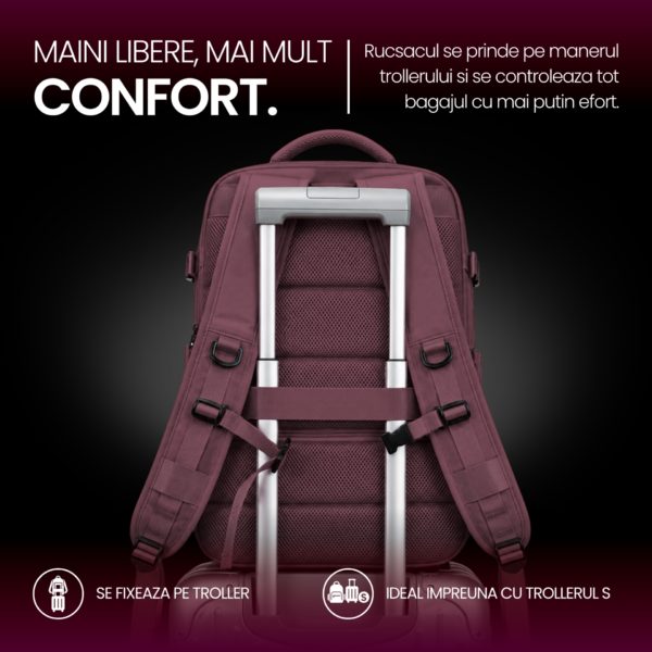 Rucsac bagaj de mana avion Quasar & Co.®, extensibil 43x30x20-28 cm, rucsac calatorie/voiaj multifunctional, impermeabil, compartiment pantofi, compartiment laptop, sistem agatare pe troler, pretabil drumetii/scoala, cu USB, textil, ATLAS, visiniu - imagine 12