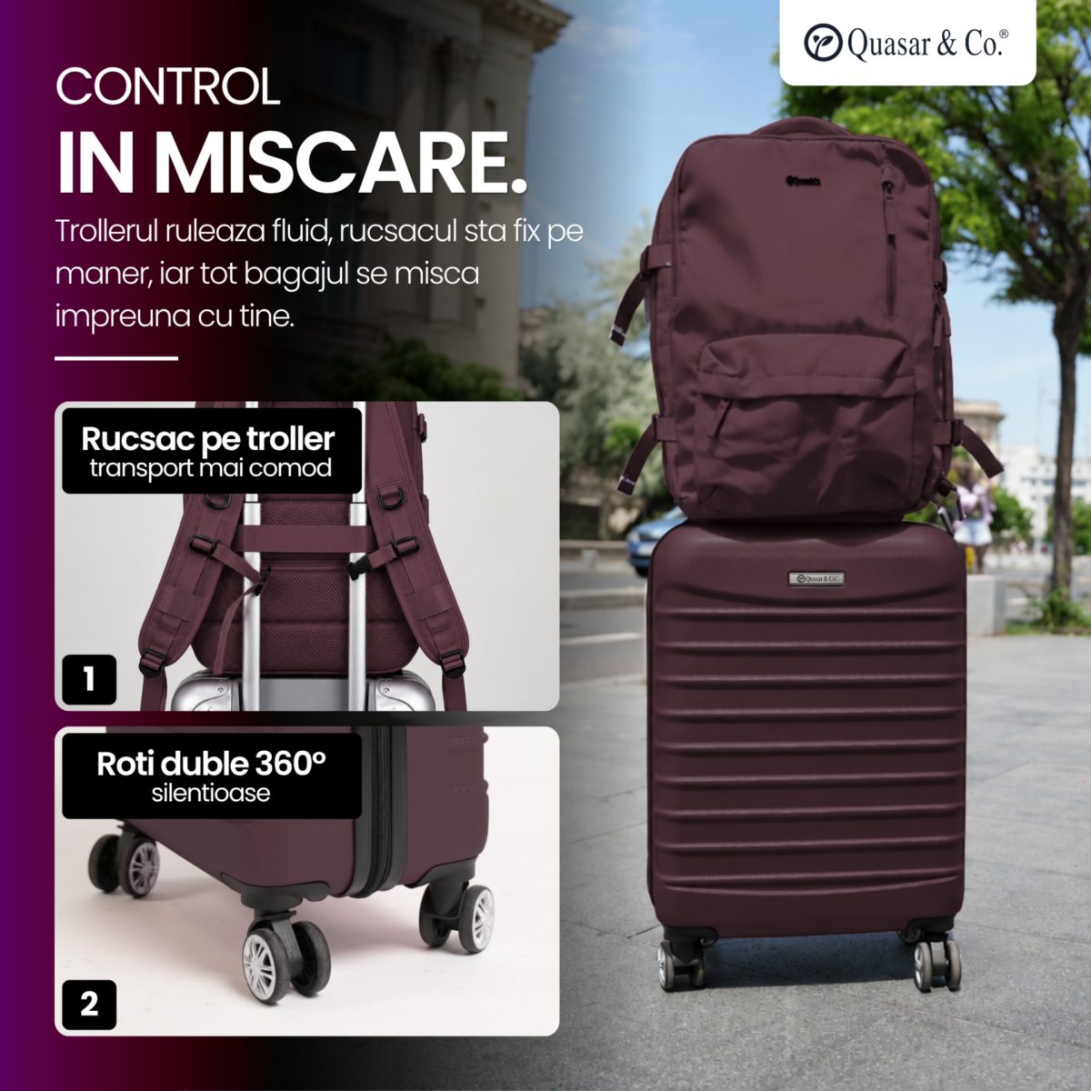 Set troler cabina si rucsac Quasar & Co.®, 55x38x21cm/43x30x20-28 cm, bagaj de mana, troller cu rucsac calatorie avion, Priority Pack-LINE, ABS/pes, visiniu 13 Set troler cabina si rucsac Quasar & Co.®, 55x38x21cm/43x30x20-28 cm, bagaj de mana, troller cu rucsac calatorie avion, Priority Pack-LINE, ABS/pes, visiniu 13