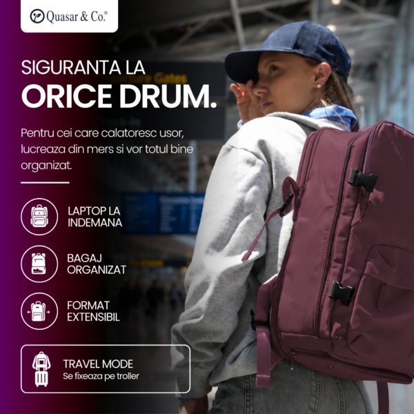 Rucsac bagaj de mana avion Quasar & Co.®, extensibil 43x30x20-28 cm, rucsac calatorie/voiaj multifunctional, impermeabil, compartiment pantofi, compartiment laptop, sistem agatare pe troler, pretabil drumetii/scoala, cu USB, textil, ATLAS, visiniu - imagine 13