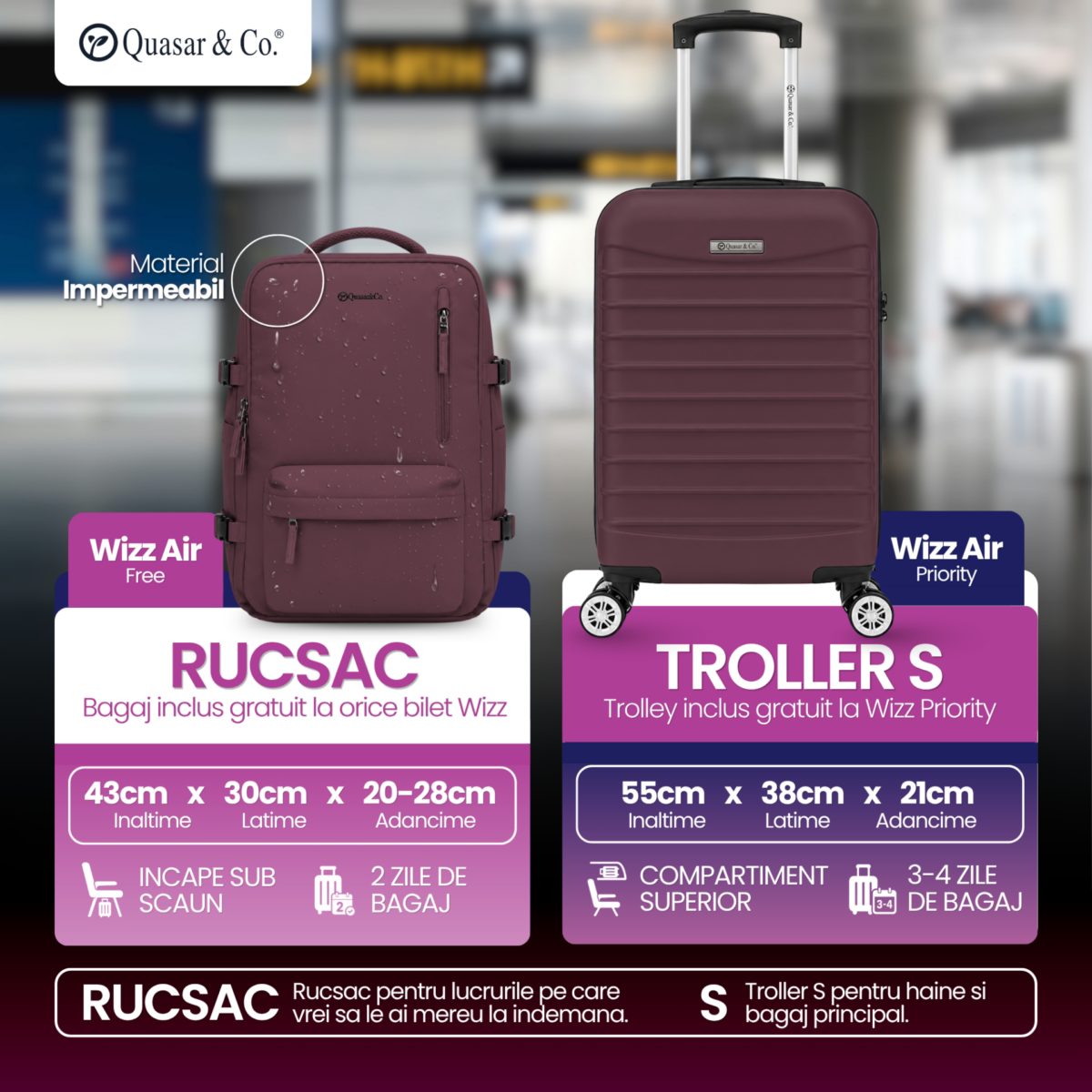 Set troler cabina si rucsac Quasar & Co.®, 55x38x21cm/43x30x20-28 cm, bagaj de mana, troller cu rucsac calatorie avion, Priority Pack-LINE, ABS/pes, visiniu 14 Set troler cabina si rucsac Quasar & Co.®, 55x38x21cm/43x30x20-28 cm, bagaj de mana, troller cu rucsac calatorie avion, Priority Pack-LINE, ABS/pes, visiniu 14