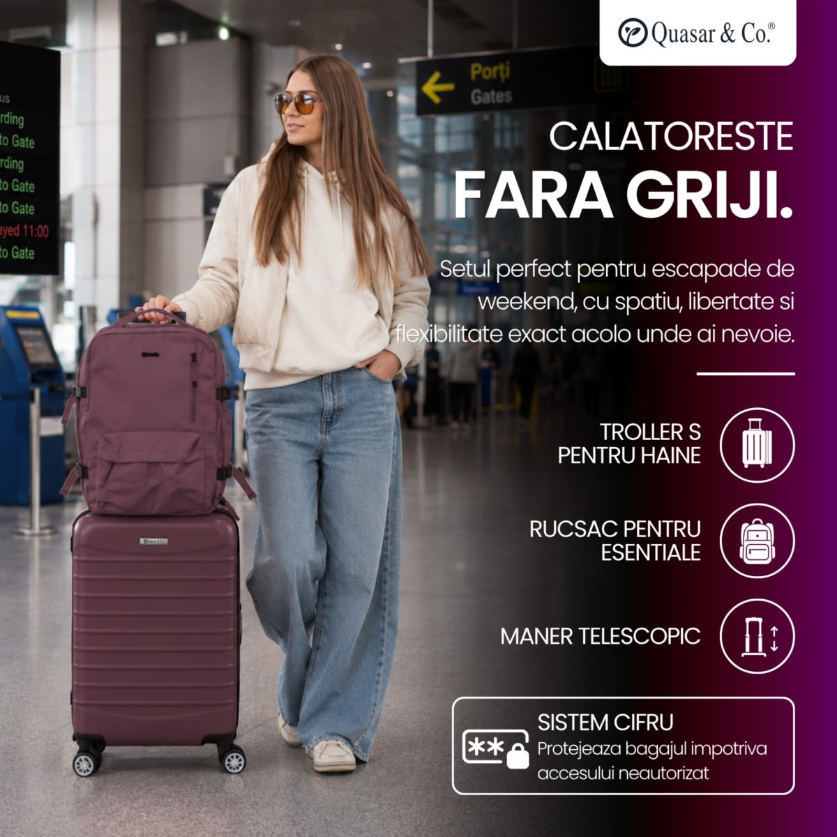 Set troler cabina si rucsac Quasar & Co.®, 55x38x21cm/43x30x20-28 cm, bagaj de mana, troller cu rucsac calatorie avion, Priority Pack-LINE, ABS/pes, visiniu 15 Set troler cabina si rucsac Quasar & Co.®, 55x38x21cm/43x30x20-28 cm, bagaj de mana, troller cu rucsac calatorie avion, Priority Pack-LINE, ABS/pes, visiniu 15