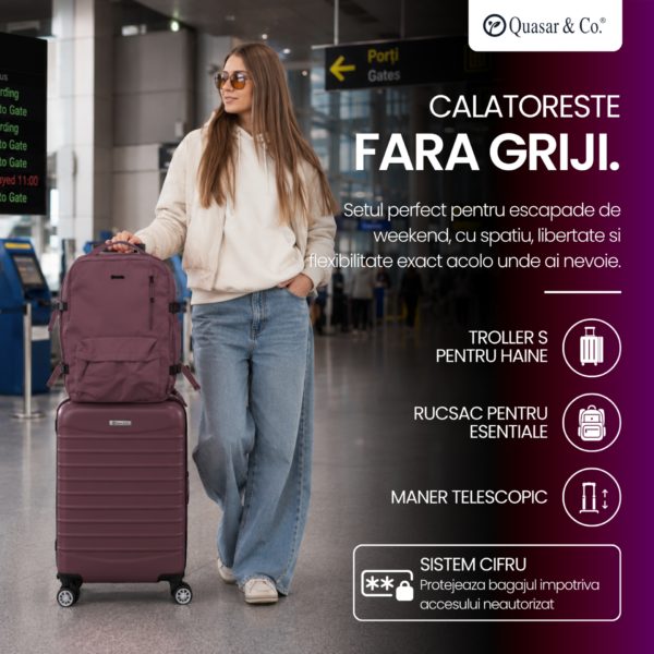 Set troler cabina si rucsac Quasar & Co.®, 55x38x21cm/43x30x20-28 cm, bagaj de mana, troller cu rucsac calatorie avion, Priority Pack-LINE, ABS/pes, visiniu - imagine 15
