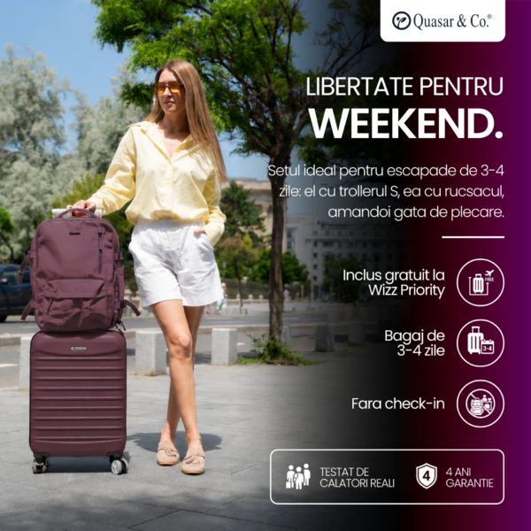 Set troler cabina si rucsac Quasar & Co.®, 55x38x21cm/43x30x20-28 cm, bagaj de mana, troller cu rucsac calatorie avion, Priority Pack-LINE, ABS/pes, visiniu - imagine 2