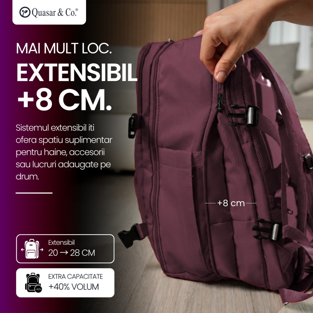 Rucsac bagaj de mana avion Quasar & Co.®, extensibil 43x30x20-28 cm, rucsac calatorie/voiaj multifunctional, impermeabil, compartiment pantofi, compartiment laptop, sistem agatare pe troler, pretabil drumetii/scoala, cu USB, textil, ATLAS, visiniu 3