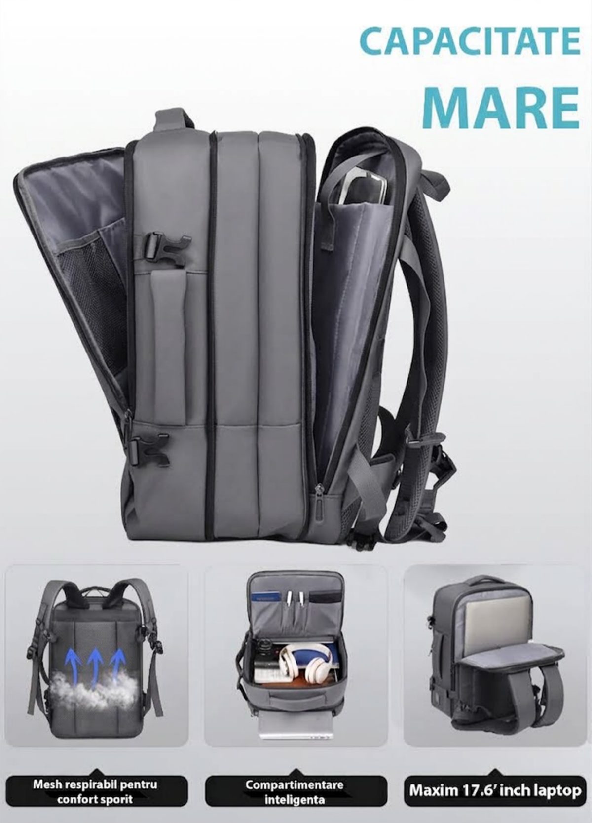 Rucsac Quasar & Co.®, bagaj de mana avion, multifunctional, extensibil, impermeabil, compartiment laptop, sistem agatare pe troler, rucsac calatorie/voiaj pretabil drumetii/scoala, piele ecologica, VEGA, gri 3 Rucsac Quasar & Co.®, bagaj de mana avion, multifunctional, extensibil, impermeabil, compartiment laptop, sistem agatare pe troler, rucsac calatorie/voiaj pretabil drumetii/scoala, piele ecologica, VEGA, gri 3