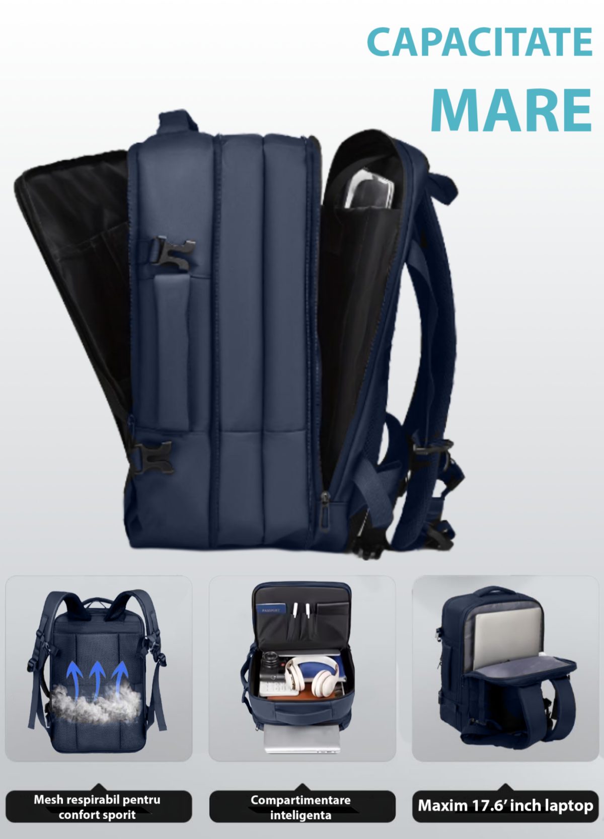 Set troler cabina si rucsac Quasar & Co.®, 55x38x21cm/44x30x15-25 cm, bagaj de mana, troller cu rucsac calatorie avion, Priority Pack, Vega-Line, ABS/pes, bleumarin 3
