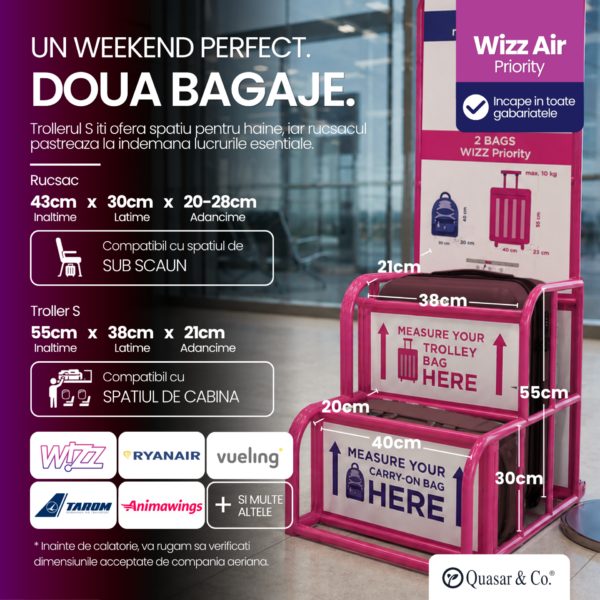 Set troler cabina si rucsac Quasar & Co.®, 55x38x21cm/43x30x20-28 cm, bagaj de mana, troller cu rucsac calatorie avion, Priority Pack-LINE, ABS/pes, visiniu - imagine 3
