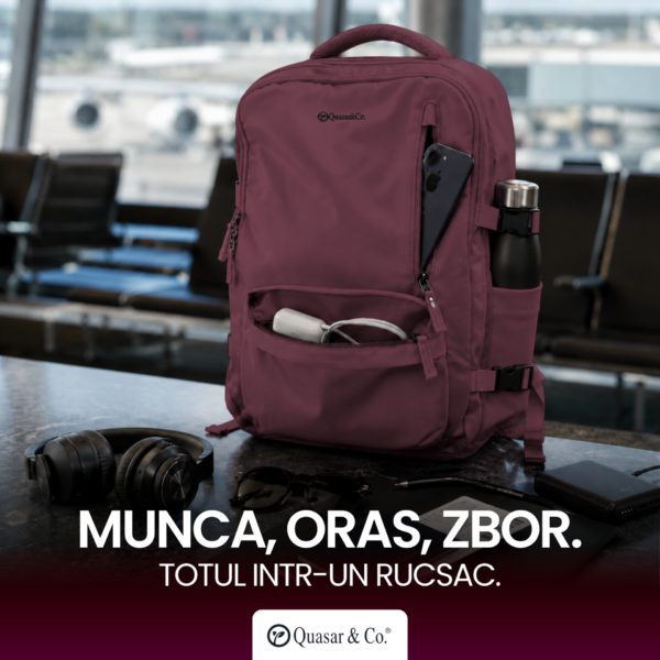 Rucsac bagaj de mana avion Quasar & Co.®, extensibil 43x30x20-28 cm, rucsac calatorie/voiaj multifunctional, impermeabil, compartiment pantofi, compartiment laptop, sistem agatare pe troler, pretabil drumetii/scoala, cu USB, textil, ATLAS, visiniu - imagine 4
