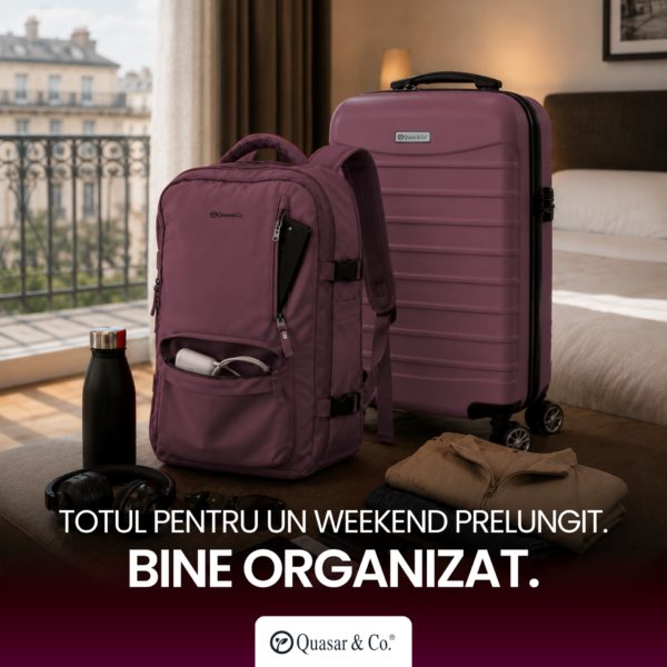 Set troler cabina si rucsac Quasar & Co.®, 55x38x21cm/43x30x20-28 cm, bagaj de mana, troller cu rucsac calatorie avion, Priority Pack-LINE, ABS/pes, visiniu - imagine 4