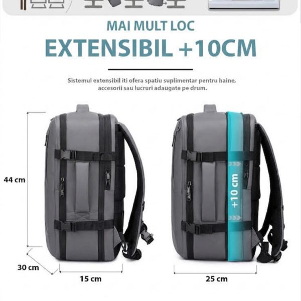 Rucsac Quasar & Co.®, bagaj de mana avion, multifunctional, extensibil, impermeabil, compartiment laptop, sistem agatare pe troler, rucsac calatorie/voiaj pretabil drumetii/scoala, piele ecologica, VEGA, gri - imagine 5