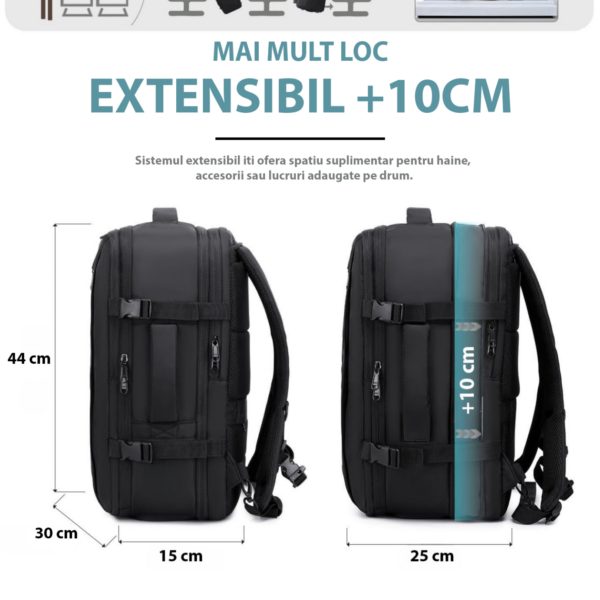 Set troler cabina si rucsac Quasar & Co.®, 55x38x21cm/44x30x15-25 cm, bagaj de mana, troller cu rucsac calatorie avion, Priority Pack, Vega-Line, ABS/pes, negru - imagine 6