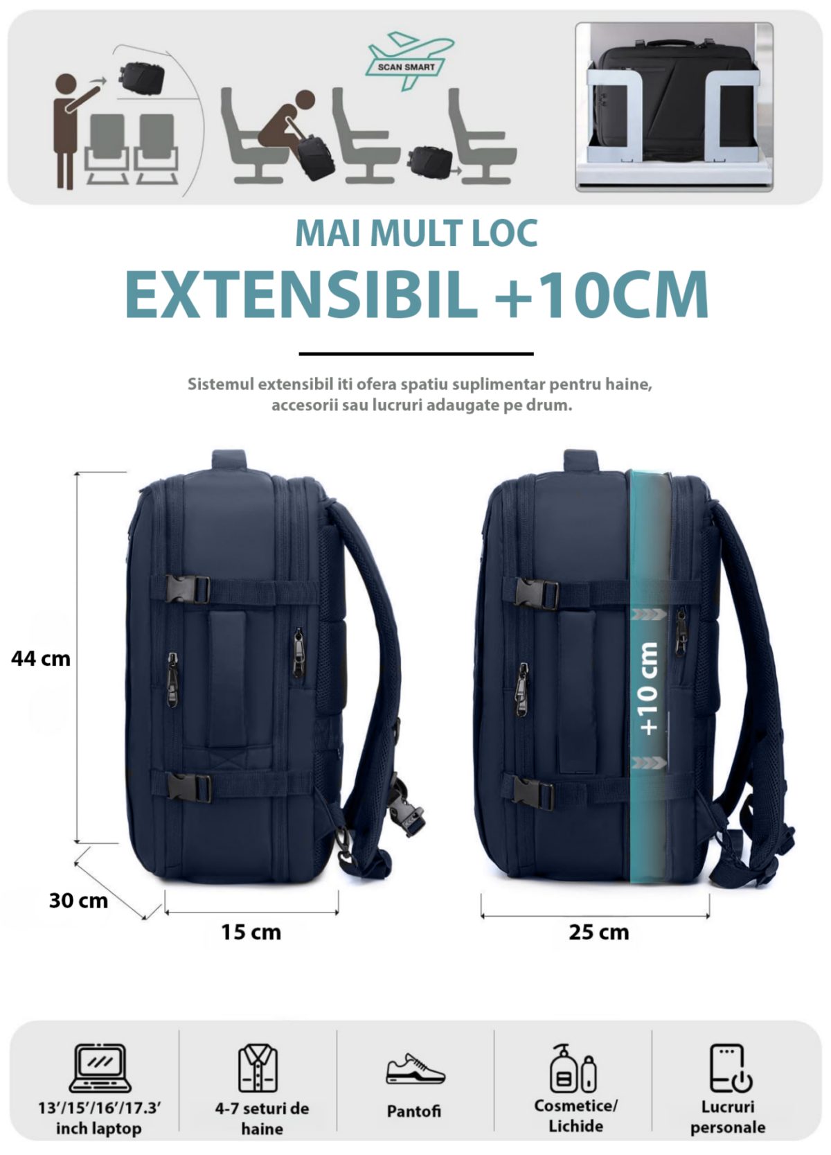 Set troler cabina si rucsac Quasar & Co.®, 55x38x21cm/44x30x15-25 cm, bagaj de mana, troller cu rucsac calatorie avion, Priority Pack, Vega-Line, ABS/pes, bleumarin 6