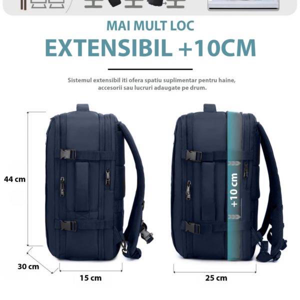 Set troler cabina si rucsac Quasar & Co.®, 55x38x21cm/44x30x15-25 cm, bagaj de mana, troller cu rucsac calatorie avion, Priority Pack, Vega-Line, ABS/pes, bleumarin - imagine 6