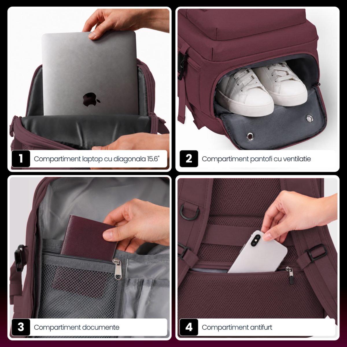 Rucsac bagaj de mana avion Quasar & Co.®, extensibil 43x30x20-28 cm, rucsac calatorie/voiaj multifunctional, impermeabil, compartiment pantofi, compartiment laptop, sistem agatare pe troler, pretabil drumetii/scoala, cu USB, textil, ATLAS, visiniu 6