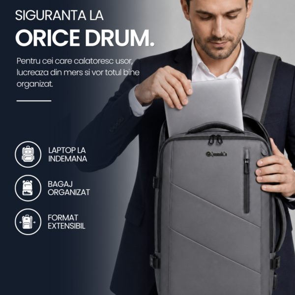 Rucsac Quasar & Co.®, bagaj de mana avion, multifunctional, extensibil, impermeabil, compartiment laptop, sistem agatare pe troler, rucsac calatorie/voiaj pretabil drumetii/scoala, piele ecologica, VEGA, gri - imagine 7