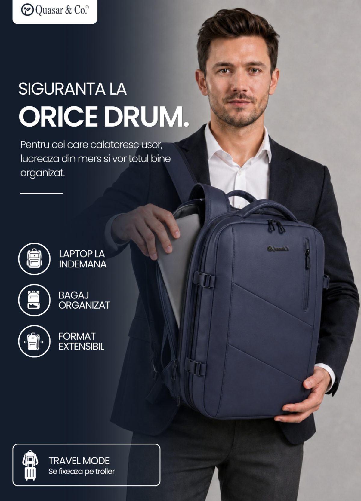 Rucsac Quasar & Co.®, bagaj de mana avion, multifunctional, extensibil, impermeabil, compartiment laptop, sistem agatare pe troler, rucsac calatorie/voiaj pretabil drumetii/scoala, piele ecologica, VEGA, bleumarin 7