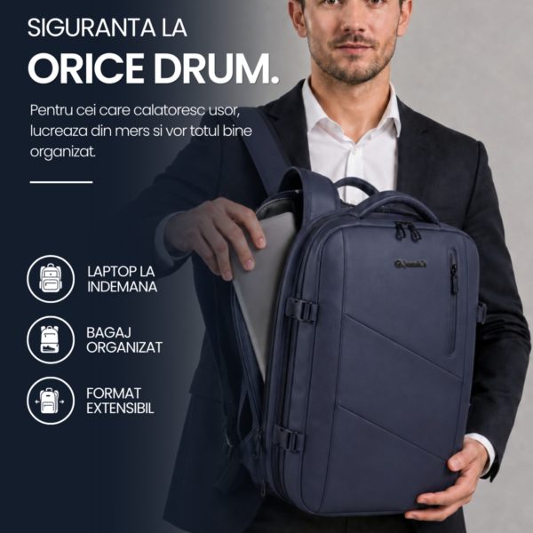 Rucsac Quasar & Co.®, bagaj de mana avion, multifunctional, extensibil, impermeabil, compartiment laptop, sistem agatare pe troler, rucsac calatorie/voiaj pretabil drumetii/scoala, piele ecologica, VEGA, bleumarin - imagine 7