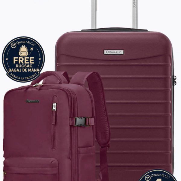 Set troler cabina si rucsac Quasar & Co.®, 55x38x21cm/43x30x20-28 cm, bagaj de mana, troller cu rucsac calatorie avion, Priority Pack-LINE, ABS/pes, visiniu - imagine 1