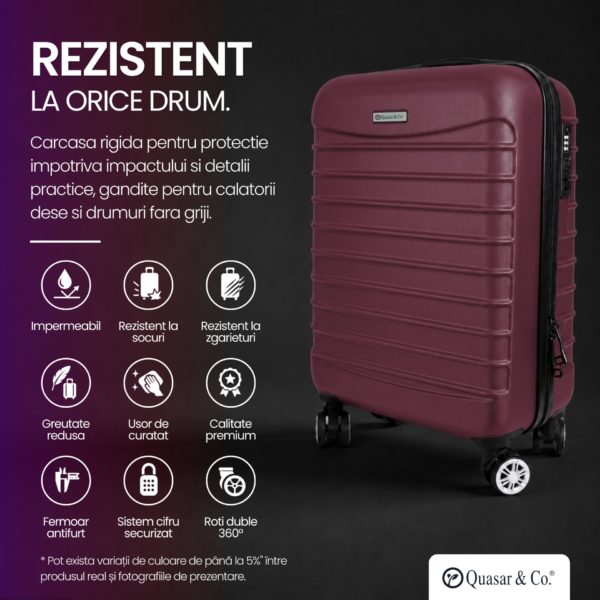 Set troler cabina si rucsac Quasar & Co.®, 55x38x21cm/43x30x20-28 cm, bagaj de mana, troller cu rucsac calatorie avion, Priority Pack-LINE, ABS/pes, visiniu - imagine 7