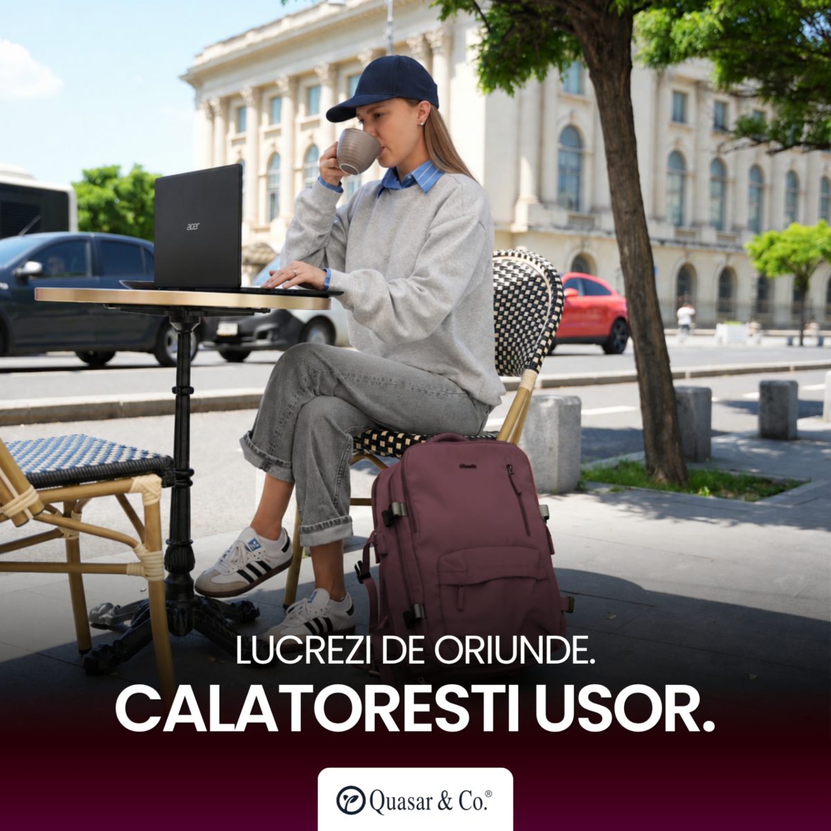 Rucsac bagaj de mana avion Quasar & Co.®, extensibil 43x30x20-28 cm, rucsac calatorie/voiaj multifunctional, impermeabil, compartiment pantofi, compartiment laptop, sistem agatare pe troler, pretabil drumetii/scoala, cu USB, textil, ATLAS, visiniu 9