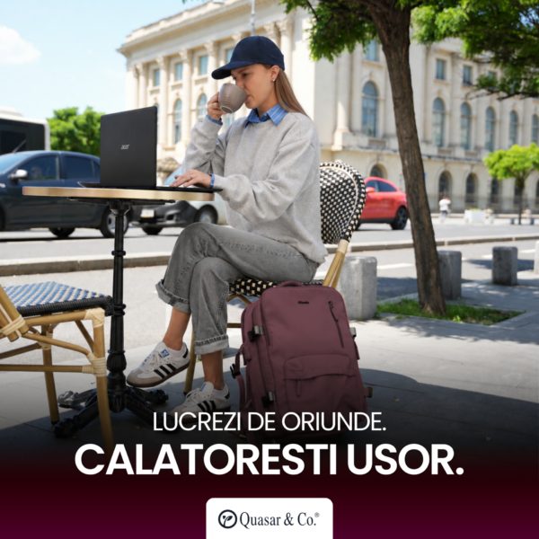 Rucsac bagaj de mana avion Quasar & Co.®, extensibil 43x30x20-28 cm, rucsac calatorie/voiaj multifunctional, impermeabil, compartiment pantofi, compartiment laptop, sistem agatare pe troler, pretabil drumetii/scoala, cu USB, textil, ATLAS, visiniu - imagine 9